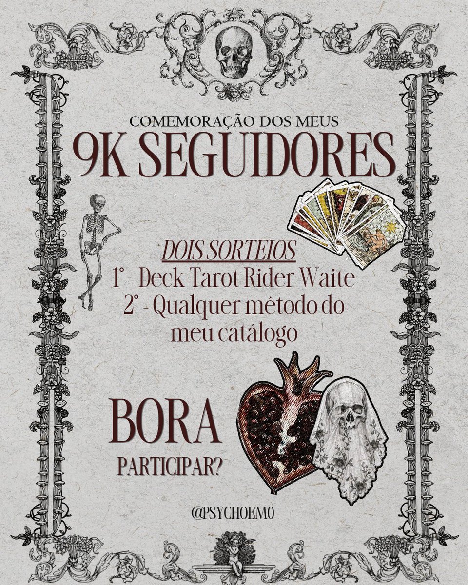 PSYCHOEM0's tweet photo. ☠︎︎ ⋆₊ ♱ Em comemoração aos (quase) 9k de caveiras aqui comigo, como prometido, estou também lançando um sorteio (que terá dois vencedores). 

1 vencedor: 1 deck do Tarot Rider Waite.
2 vencedor: 1 consulta gratuita comigo com horário agendado, qualquer método do meu catálogo.

Pra participar: 
• estar me seguindo 
• dar RT nesse tweet
• marcar duas pessoas nesse tweet

Data do sorteio: 20/11 

⛧°. ⋆༺♱༻⋆. °⛧

Boa sorte pra todos. Compartilhem!