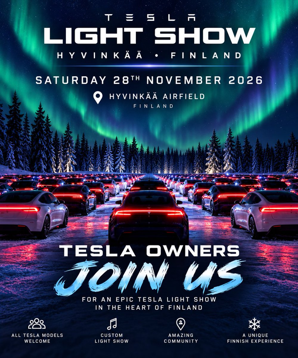 Teslalightshows's tweet photo. 🚨 And NOW for something MASSIVE 🚨

I’ll be headed to FINLAND 🇫🇮 for the largest @Tesla Light Show of the year with @teslaclubfin and @enhauto … But we can’t do it alone, we need ALL OF YOU in @teslaeurope to join us 🥳🥳🥳

Hyvinkää, Finland - November 28th 2027 https://t.co/KJTus8XWWK