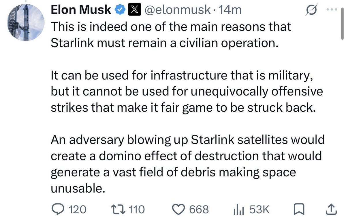 DastDn's tweet photo. I'm now considerably more open to the rumor going around that Putin bluffed Elon with a threat to attack his satellites and Musk folded like a cheap suit. https://t.co/uyH7GKQbqy