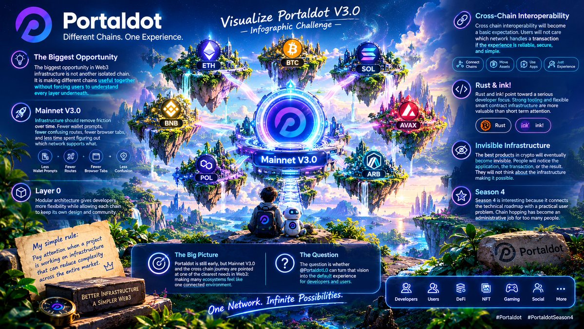 NgocO88803's tweet photo. My current views on @PortaldotL0:
• The biggest opportunity in Web3 infrastructure is not another isolated chain. It is making different chains useful together without forcing users to understand every layer underneath
• Mainnet V3.0 matters because infrastructure should remove friction over time. Fewer wallet prompts, fewer confusing routes, fewer browser tabs, and less time spent figuring out which network supports what
• Layer 0 is an important direction for the ecosystem. Modular architecture gives developers more flexibility while allowing each chain to keep its own design and community
• Cross chain interoperability will become a basic expectation. Users will not care which network handles a transaction if the experience is reliable, secure, and simple
• Rust and ink! point toward a serious developer focus. Strong tooling and flexible smart contract infrastructure are more valuable than short term attention
• The best products in crypto will eventually become invisible. People will notice the application, the transaction, or the result. They will not think about the infrastructure making it possible
• Season 4 is interesting because it connects the technical roadmap with a practical user problem. Chain hopping has become an administrative job for too many people

My simple rule is to pay attention when a project is working on infrastructure that can reduce complexity across the entire market

Portaldot is still early, but Mainnet V3.0 and the cross chain journey are pointed at one of the clearest needs in Web3: making many ecosystems feel like one connected environment

The question is whether @PortaldotL0 can turn that vision into the default experience for developers and users

#Portaldot #PortaldotSeason4