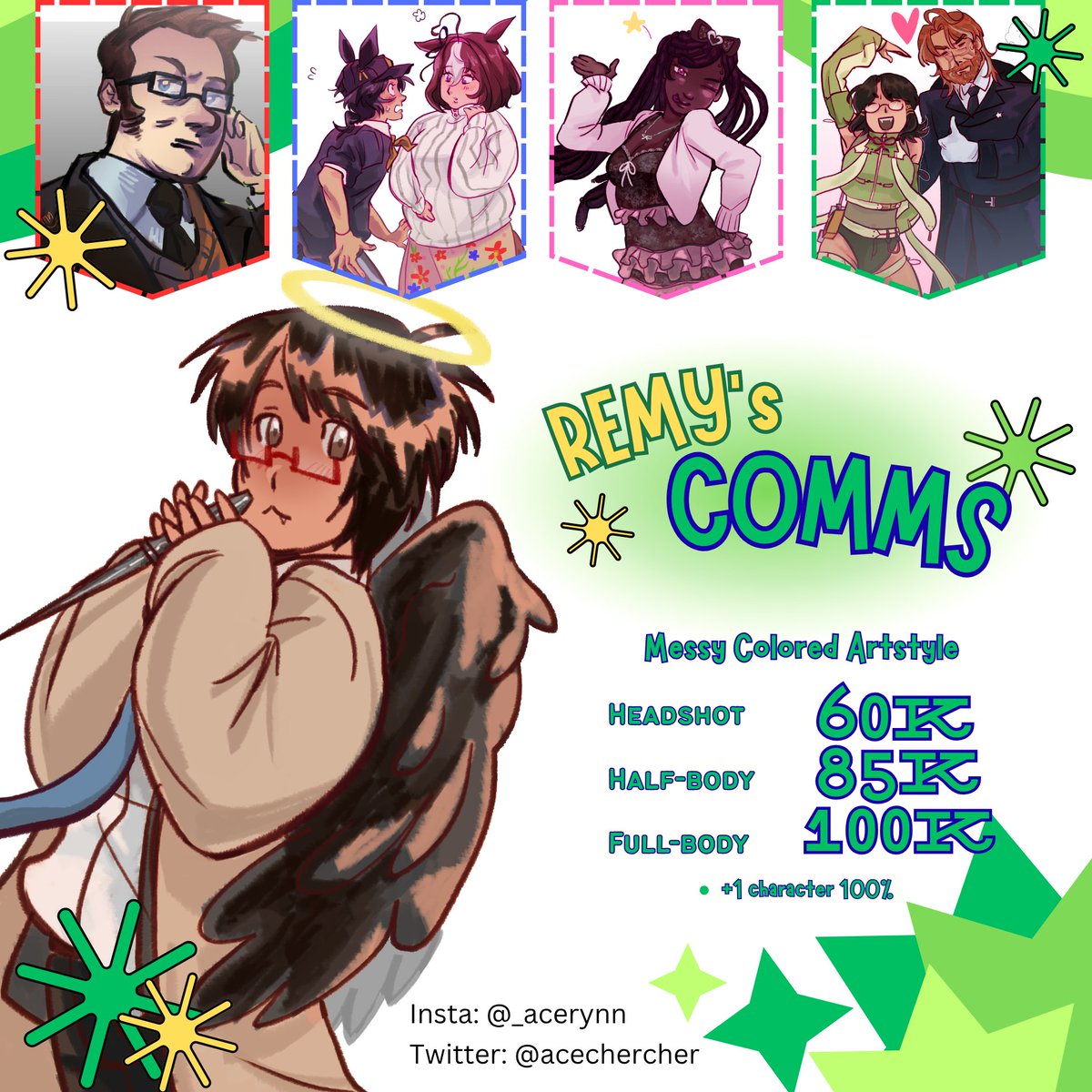 acechercher's tweet photo. REMY'S MESSY COLORED C0MMS OPEN!!!!

(T.O.S &amp; International ver in thread)

- Do's
OC
Fanart
Stylized real people
Couple (ocxoc, ocxcanon, yumeship, lgbtq+, OK!!)
Kemonomimi
Suggestive

- Don'ts
Mecha
Furry (sorry!!)
Nsfw https://t.co/VpxJBtFVQx