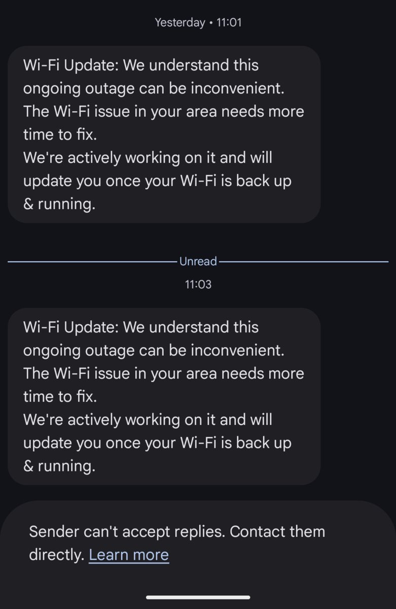 mackjamatia's tweet photo. @airtelindia My Wi-Fi has been down for over a week. All I get is the same automated SMS saying it "needs more time to fix." No ETA, no real update. Complaint ID:13965211329 . Please escalate. #WiFiOutage https://t.co/GWJsxAkO0T