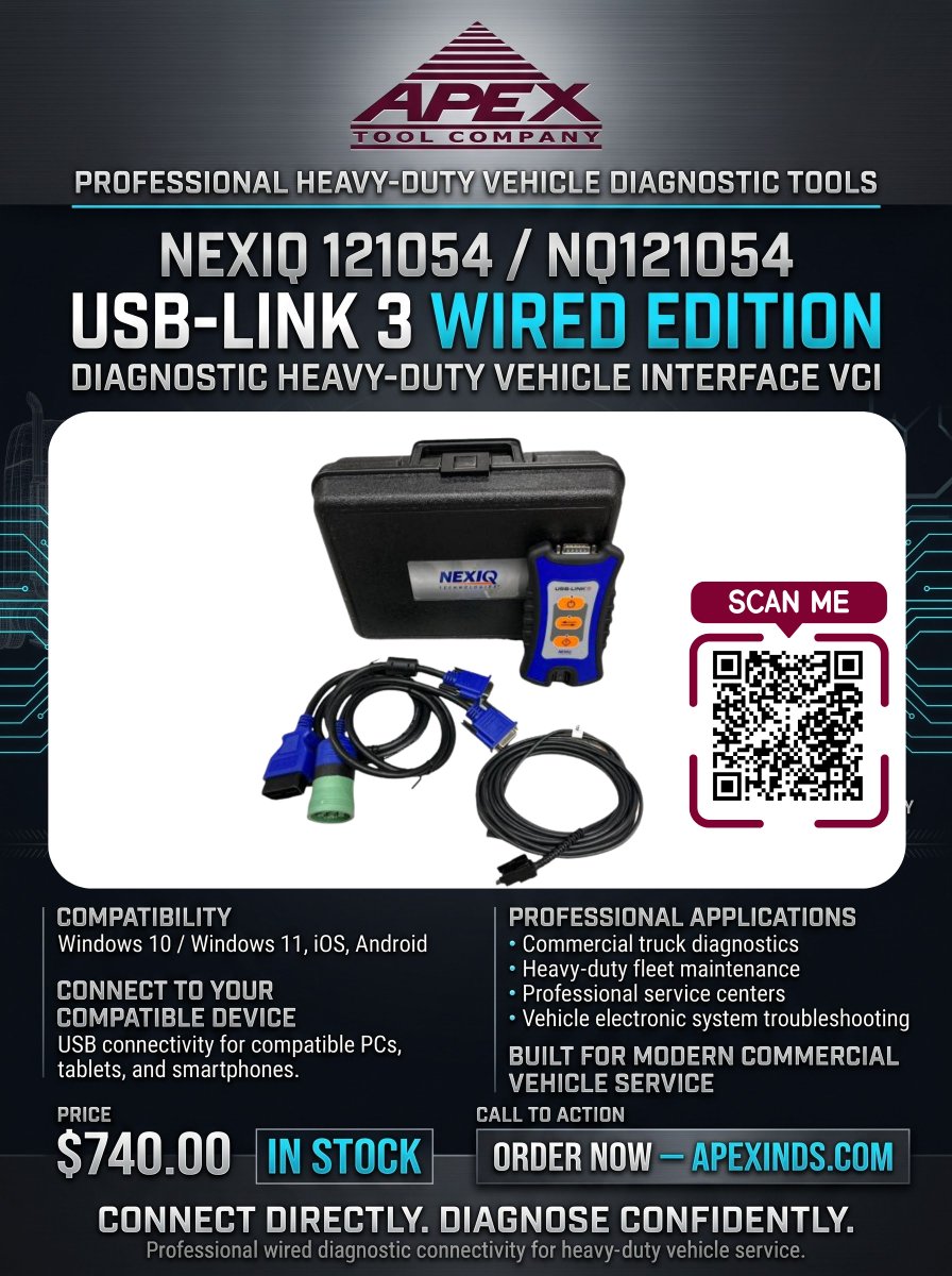 apextools's tweet photo. Why risk signal drops or un-supported CAN FD networks on 2024+ heavy trucks? 💸 Connect OEM software with hardwired precision using the NEXIQ 121054 USB-Link 3. 🛒 https://t.co/Ntr35PNGkA #HeavyTrucks #TruckRepair https://t.co/PccNciu2mB