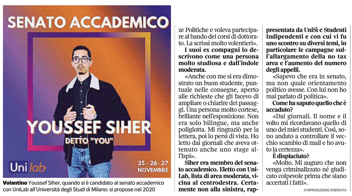 francofontana43's tweet photo. “Uno studente eccellente, tra i migliori del corso
Nella sua tesi non c’era radicalismo. Siano accertati i fatti”
Cosí il prof. Del Corno, docente di Storia delle dottrine politiche alla statale di Milano ricorda Youssef Siher, il ricercatore sbattuto come mostro in prima pagina dalla quasi totalità dei giornali italiani, della cui tesi di laurea è stato relatore
Giovanna Maria Fagnani, @corriere