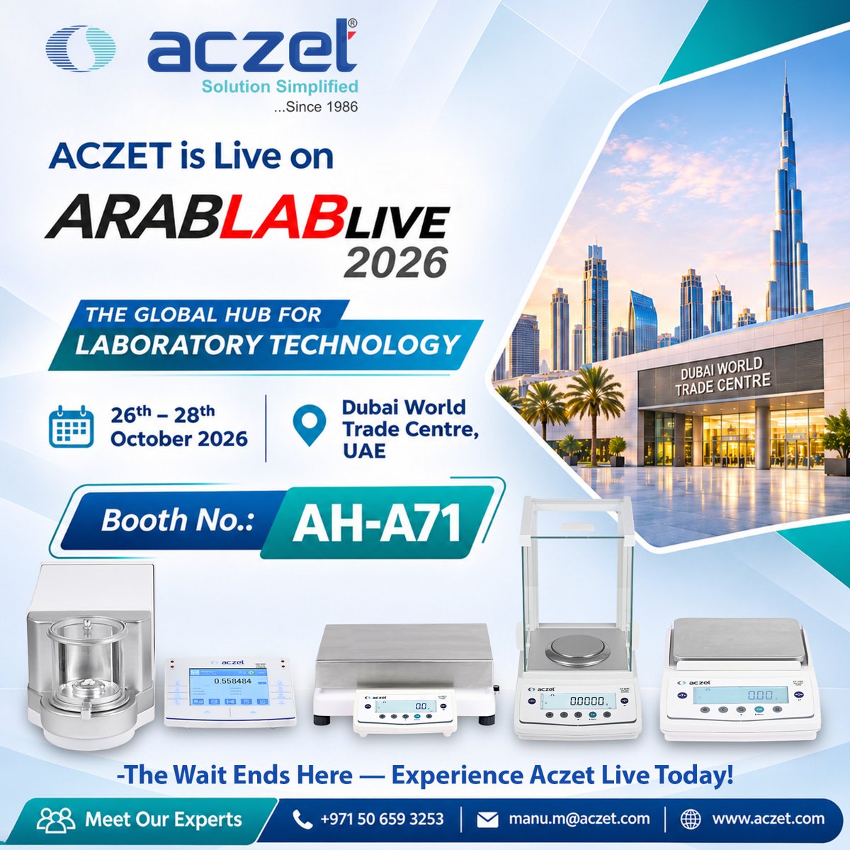 AczetLtd's tweet photo. 🚀The Wait Is Over! We're LIVE! 🔬

Explore ACZET's precision balances &amp; moisture analyzers at ARABLABLIVE2026!

📍 AH-A71 | Dubai
📅 26–28 Oct

📞 +971 50 659 3253
📧 manu.m@aczet.com
🌐 https://t.co/SwvmlDcCPe

#ACZET #ARABLABLIVE2026 #DubaiExhibition #LabTech #WeighingIndustry https://t.co/zMD9lTtfOr