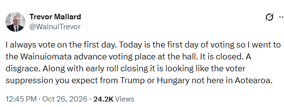 Media58Bias's tweet photo. Trevor Mallard spent years bullying people and MPs and throwing his weight around as Speaker.
Now a closed hall in Wainuiomata has him crying “voter suppression". You don’t get to play the victim after a career of being the bully. No one is buying it. Now f..k off.
@WainuiTrevor https://t.co/qZ97dci9bm