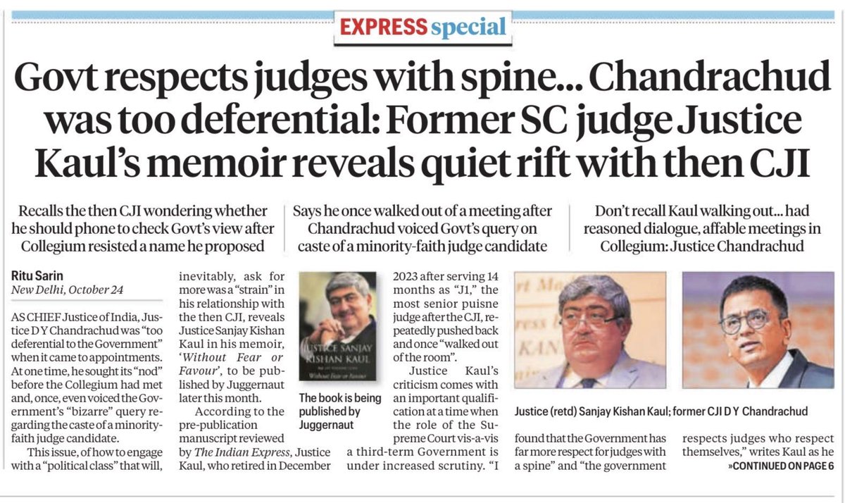 TheSquind's tweet photo. Justice Kaul is suddenly very upset with Chandrachud in his new book saying he was “too soft” on govt and used to take pre-approval before Collegium meetings.

Funny how:

> When Kaul himself was Madras HC Chief Justice, Judge Karnan kept writing public letters calling him casteist, harassing, and giving dummy work. Supreme Court eventually sent Karnan to jail for contempt. Now Kaul is doing the same thing to Chandrachud, just with a book instead of letters.

> Collegium records show every appointment under Chandrachud was unanimous. Kaul never wrote a single dissent. He signed everything.

> what was Kaul doing at Diwali party with Saurav Das (the guy who wrote the big hit-job on Chandrachud)?

> Kaul himself has said many times that NJAC should have been given a chance and the Collegium is flawed. So which side is he even on?

Looks less like protecting judicial independence and more like score-settling and book promotion.