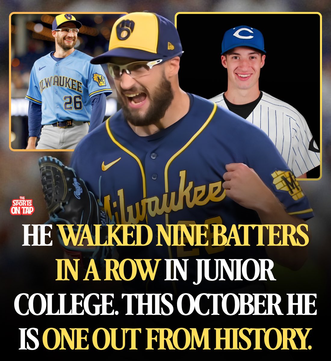 thesportsontap's tweet photo. A scout drove out to a junior college in Missouri to watch him throw, and he walked eight batters in a row.

That is the story everybody tells. Somebody brought it up again this month and he corrected them.

It was nine.

They drafted him anyway. Fourth round, 2018.

Aaron Ashby is from Kansas City, Missouri, out of Park Hill High School. His uncle Andy pitched fourteen seasons in the big leagues and made two All-Star teams.

The Texas Rangers had taken him the year before that, in the 25th round, 764th overall. He turned it down and went back to the junior college.

His first big league appearance was two thirds of an inning and four earned runs.

Two seasons later he went 2 and 10 as a starter. Milwaukee signed him to a five year extension anyway, and then his shoulder went.

Arthroscopic surgery. He lost all of 2023. He says he has never gotten the slider he had in college back, not once, not all the way.

Then 2024 at Triple-A Nashville, a 8.04 ERA across 25 games. That is the number teams look at when they decide somebody is finished.

In August of that year, still in Nashville, he started messing with a knuckle-curve. He was in Milwaukee about a week later.

Last season he put up a 2.16 out of the bullpen. This season he went 13 and 3.

And then October started and he just stopped giving up runs.

Fifteen and two thirds scoreless innings to open this postseason. Five hits. Three walks. Seventeen strikeouts. He has pitched in eight of the Milwaukee Brewers ten playoff games and every single one at home.

He is one out away from the record. Andrew Miller went sixteen scoreless to start the 2016 postseason and nobody has matched it. Ashby passed Goose Gossage and Andy Hawkins to get here.

Pat Murphy watched him get a five out save in Game 2 Saturday and called it Goose Gossage-like.

He is also the first pitcher in the history of the postseason to record at least five outs in six straight appearances without allowing a run in any of them.

The pitch doing it is the curveball he was not supposed to have. Miguel Sano hit the fifth curveball he ever threw in the big leagues over the wall, back in August 2021.

He has thrown 1,045 of them since. Not one has left the yard.

They asked him how he stays that calm with the tying run on second in the ninth.

"It's a lot of breathing."

"Just kind of praying for peace, I guess."

Be straight about where this sits. Milwaukee is up 2-0 but the next three are in Tampa Bay, the Rays won 94 games, and nobody finishes a postseason at 0.00.

But a kid walked nine straight hitters with a scout in the stands, and a week from now he might own the record for the best October any bullpen arm has ever had.