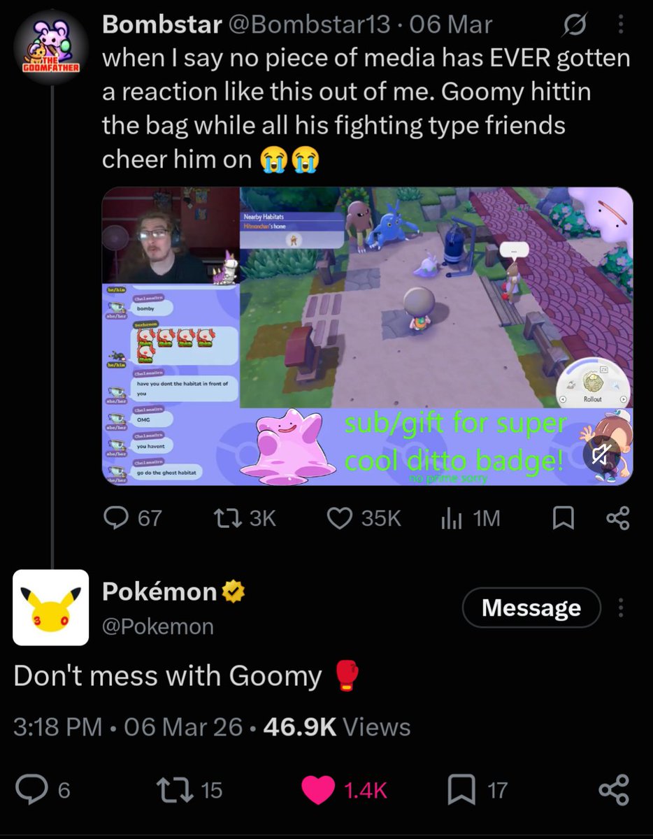 Bombstar13's tweet photo. "What was your biggest impact on the internet?"

Well....Pokemon Twitter replied to me once. That was pretty cool. Started me on the greatest arc of my life.

I love Goomy. And the other 1024 Pokemon too :) 💛💜 https://t.co/FeyAIqg4mP