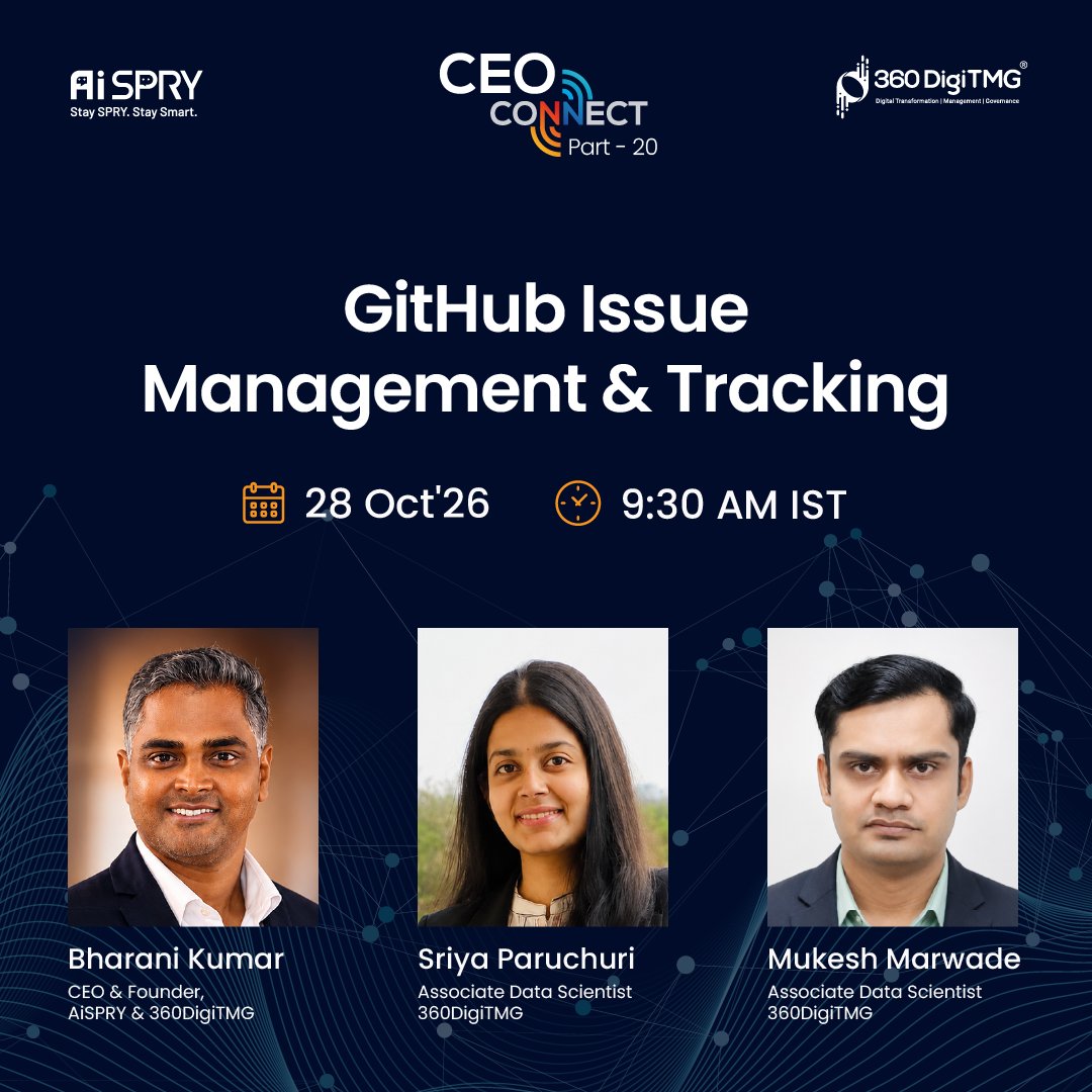 360digitmg's tweet photo. GitHub Issue Management &amp; Tracking

📅 28 October 2026 | ⏰ 9:30 AM IST

🔗 Watch Live: https://t.co/TBjoe9WRsL

Discover how GitHub Issues improve project visibility, streamline team collaboration and help development teams manage tasks and resolve issues efficiently.

#GitHub https://t.co/Jd7rnoqhpT
