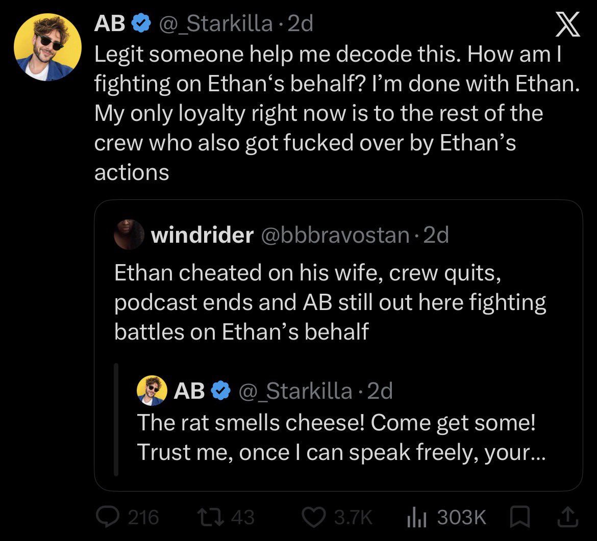 mikedippy's tweet photo. .@_Starkilla deleted every tweet since the announcement of the Ethan Klein cheating scandal.

He was ratio’d several times after trying to separate himself from Ethan, and continuing to harass Ethan’s enemies. I think he expected people to have his back 🤭

Too little too late! https://t.co/dO0ZaYgca9