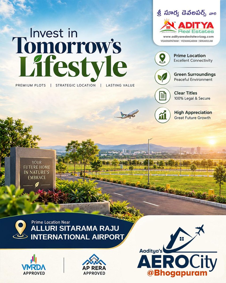 AdityReal's tweet photo. ✈️ Invest in tomorrow’s lifestyle!
Premium plots at Aaditya’s AEROCity, Bhogapuram, near the international airport.
✅ VMRDA Approved
✅ AP RERA Approved
🌐 https://t.co/v08M0oq7Zi https://t.co/cED4ts3XKR