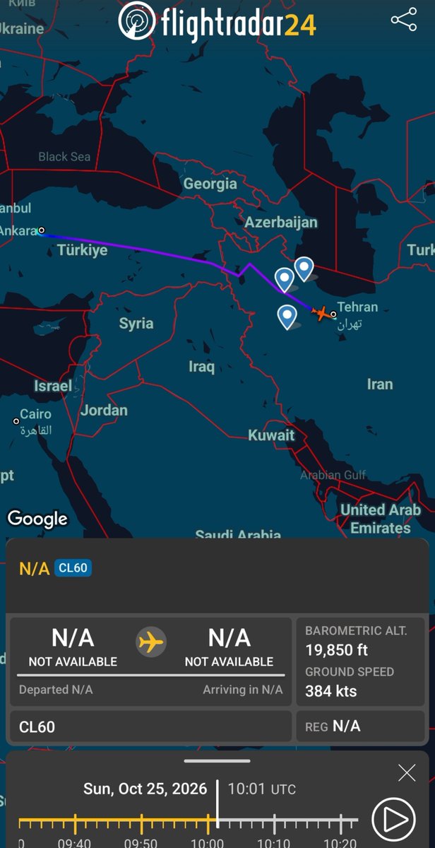 Apex_Intel24's tweet photo. 🇹🇷✈️ A Turkish intelligence-linked Bombardier Challenger 605 (hex code 4BF295), operated by Mavi Başkent, a shell company reportedly tied to intelligence operations, flew from Ankara to Tehran yesterday before departing two hours later. 🇮🇷 https://t.co/0RydFo8W1u