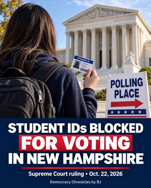 DavidHinkle90's tweet photo. SCOTUS just let NH GOP ban student IDs—even though the state’s OWN 2025 Voter Confidence Committee found NO widespread fraud and did NOT recommend this. 

They’re suppressing youth votes for a Senate race, not “security.” Pure suppression. 🗳️ https://t.co/cGmQOhuxEj