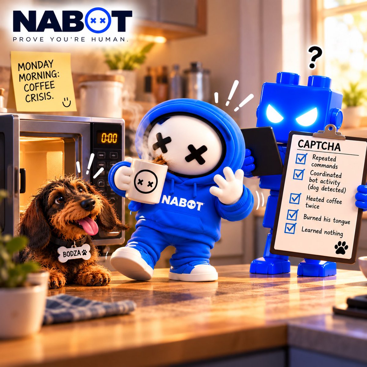 notabotsol's tweet photo. ☕ Monday morning. Coffee crisis.

Nabot microwaves yesterday’s coffee.

CAPTCHA: Prove you’re not bots!

Nabot: I’M MAKING COFFEE!

30 seconds later.

Nabot: Still cold. AGAIN!

CAPTCHA: Repeated commands. Bot detected.

Bodza runs in at the beep.

CAPTCHA: Coordinated bot activity!

Nabot takes a sip.

Nabot: AAAAAH! TOO HOT!

CAPTCHA: Heated coffee twice. Burned his tongue. Learned nothing.

Relax. No AI would be this stupid.

Humans verified. ✓

$NABOT ☕🐾😂