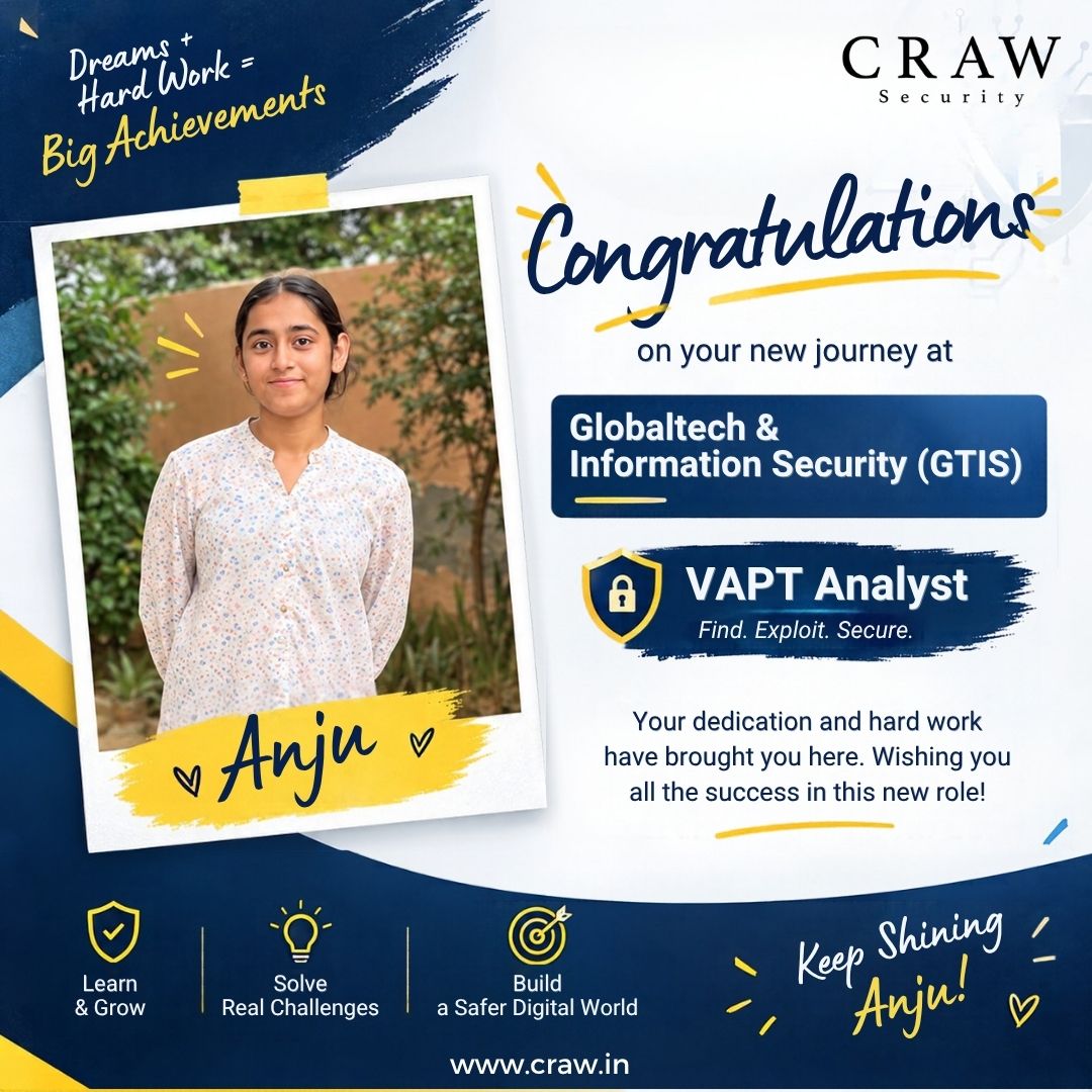 crawsec's tweet photo. 🎉 Congratulations, Anju! 🔐

Anju has been placed as a VAPT Analyst at Globaltech &amp; Information Security (#GTIS)! 🚀

Wishing her great success in this exciting #cybersecurity journey. Keep learning, keep growing, and keep securing the digital world! 🛡️💻

#CrawSec https://t.co/L9rk2hLGm5