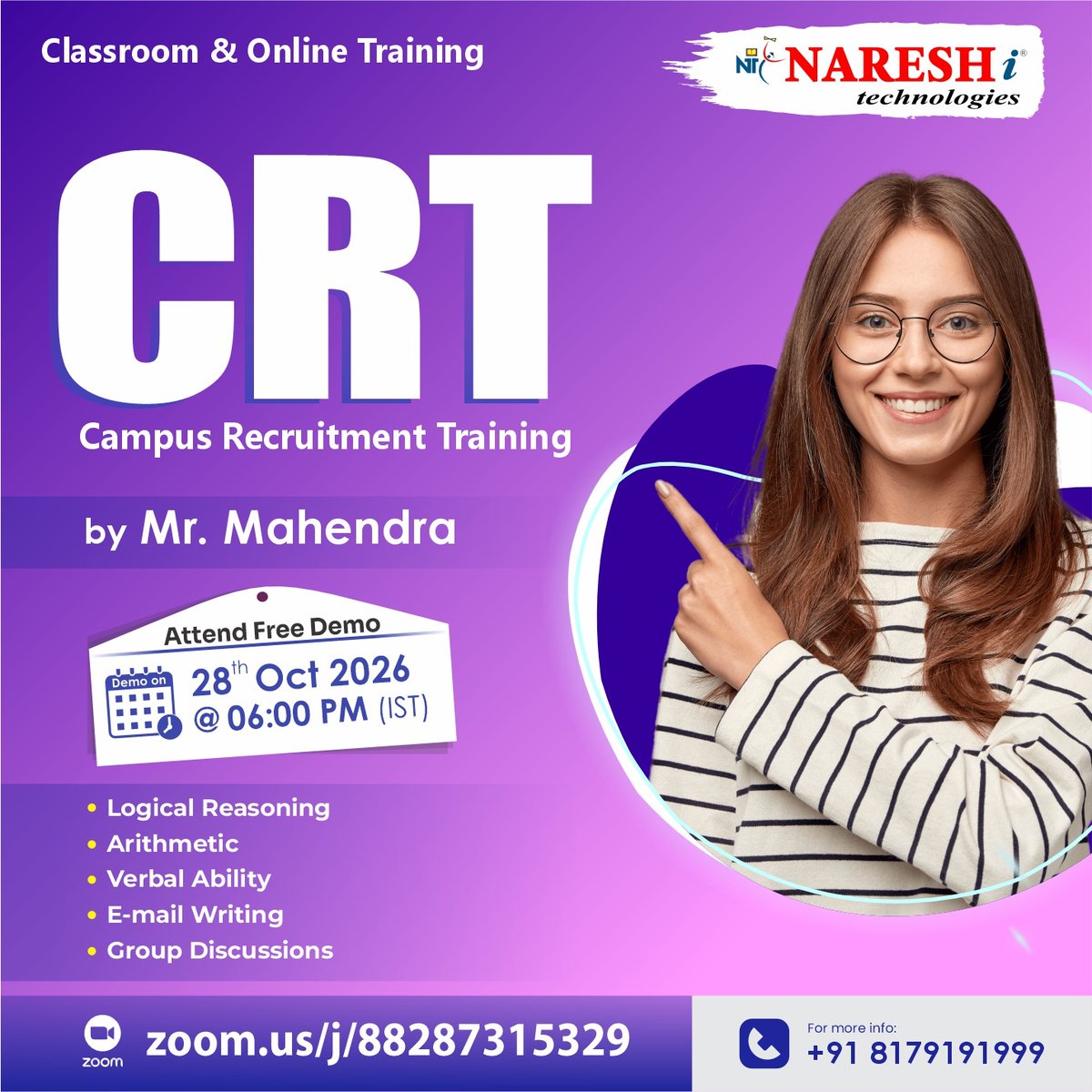 nareshitech's tweet photo. 🎯 Campus Recruitment Training (CRT) – NareshIT

👉 Register Now: https://t.co/nQ3txRObKY

📅 28th Oct 2026
⏰ 6:00 PM IST
👨‍🏫 Mr. Mahendra
🔗 https://t.co/CxxWhQwjX2

#CRT #CampusPlacements #NareshIT https://t.co/DJpf8W45J6