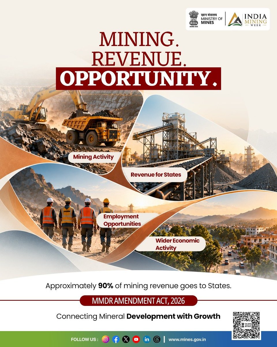 cmpdil's tweet photo. Mineral development is meant to benefit States and the communities connected to it.

The Mines and Minerals (Development and Regulation) Amendment Act, 2026 connects mineral development with growth.

#MMDR2026 

@kishanreddybjp @satishdubeyy @CoalMinistry @MinesMinIndia @CoalIndiaHQ