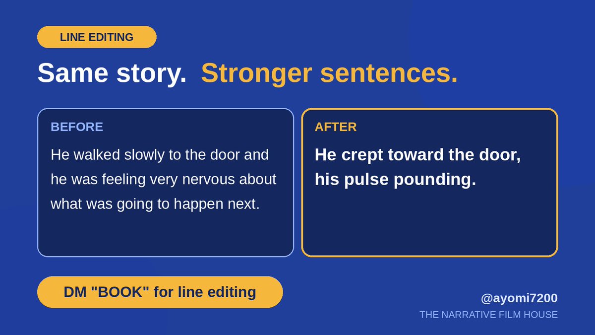 ayomi7200's tweet photo. Same story. Stronger sentences. ✍️
Line editing trims wordiness and adds rhythm, so readers feel more and skim less.
Which version would you keep reading?
Want your pages polished? DM "BOOK" 📩
#AmEditing #AmWriting #AuthorsOfX https://t.co/4K01N0wWK6