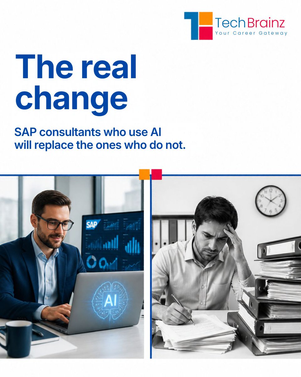 tech_brainz's tweet photo. AI won’t replace SAP consultants but consultants who know how to use AI will stay ahead
Keep learning, keep adapting, and build the skills companies are looking for today
Visit us at : https://t.co/GXC1bDUe0u
#SAP #SAPConsultant #SAPJobs #SAPTraining #SAPCareer #SAPAI #TechBrainz https://t.co/WIBl6J4Yea