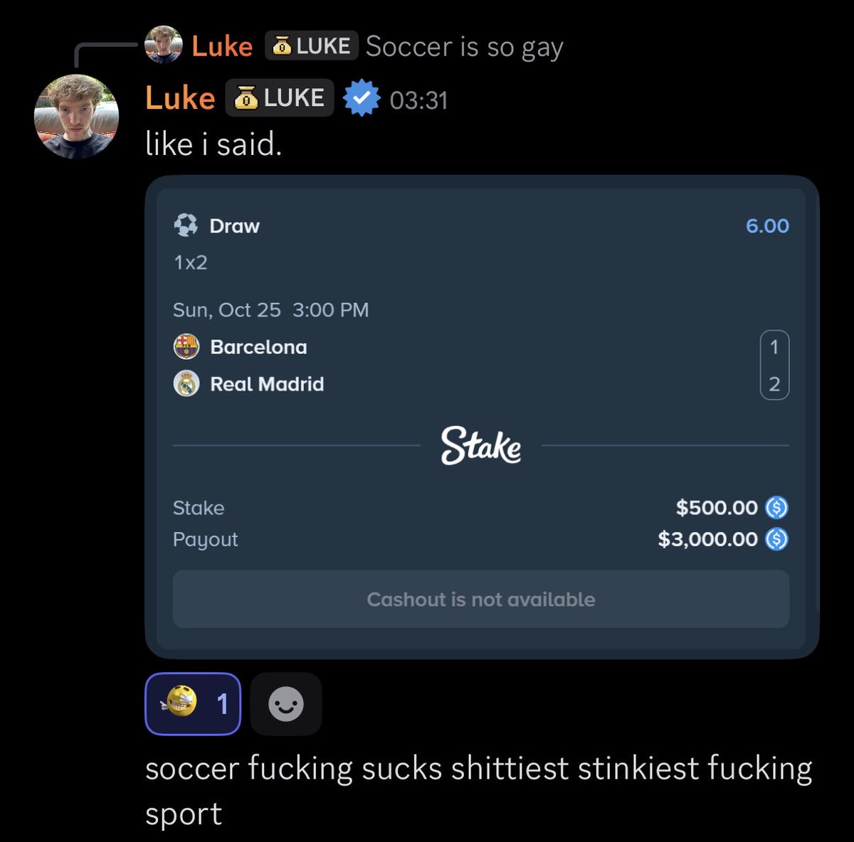 LukeDegenReport's tweet photo. @LukeTheDegen LOSES $500 ON THE EL-CLASSICO BETTING ON DRAW 😔😂

JOIN HIS DISCORD- https://t.co/gusdyoYjHC https://t.co/RQImbzv3du