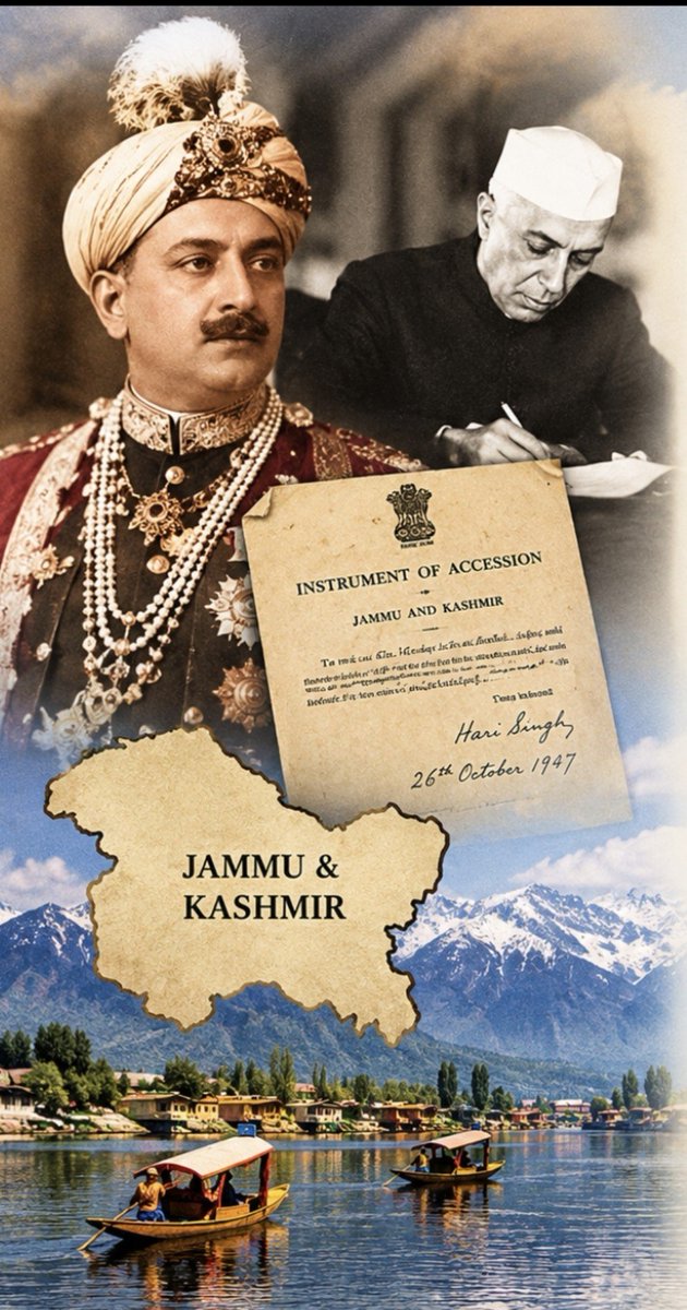 Heyviva1's tweet photo. Post 84

Today in history :  October 26

Jammu and Kashmir’s Historic Decision

In October 1947, Jammu and Kashmir faced a serious crisis after Partition. On October 26, Maharaja Hari Singh signed the Instrument of Accession, agreeing to join India. The Government of India accepted it the following day, October 27. This decision became a major turning point in the history of the region, with consequences that continue to shape discussions today.