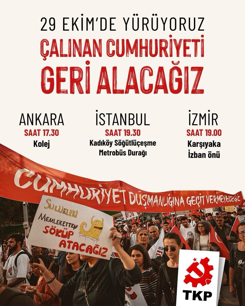 tkpninsesi's tweet photo. "Benim ülkem neden bu halde?" diye soran, halkımızın daha iyisini hak ettiğine inanan herkesi Cumhuriyet için yürümeye çağırıyoruz.

Ülkemizin başına gelen her felaketin sorumlusu sermaye sahibi sınıf ve onun siyasi temsilcileri yoksul Anadolu halkının büyük emek ve özverisiyle kazanılan Cumhuriyet’i halkın elinden aldı. Yıllardır emekçinin cebine, evlatlarımızın geleceğine ve Cumhuriyet’e uzanan eller aynı eller.

Halkın emeğini sömüren bu vurgun düzeni, Cumhuriyet’i de halktan çaldı. Çalınan Cumhuriyeti geri almak için onu eşitlikle ve emekçi halkın iktidarıyla buluşturmak zorundayız.

Bu 29 Ekim’de emekçinin alın terinin karşılığını alabildiği, çocukların ve yaşlıların güvenle yüzünün güldüğü, herkesin insanca yaşayabildiği bir Cumhuriyet için yürüyoruz. Tüm yurttaşları Cumhuriyet yürüyüşlerinde omuz omuza vermeye davet ediyoruz.