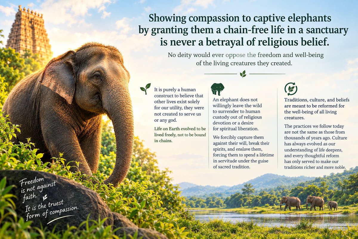ElephasVoice's tweet photo. Showing compassion to captive elephants by granting them a chain-free life in a sanctuary is never a betrayal of religious belief. No deity would ever oppose the freedom and well-being of the living creatures they created. It is purely a human construct to believe that other lives exist solely for our utility, they were not created to serve us or any god. Life on Earth evolved to be lived freely, not to be bound in chains. 

An elephant does not willingly leave the wild to surrender to human custody out of religious devotion or a desire for spiritual liberation. We forcibly capture them against their will, break their spirits, and enslave them, forcing them to spend a lifetime in servitude under the guise of sacred tradition.

Traditions, culture, and beliefs are meant to be reformed for the well-being of all living creatures. The practices we follow today are not the same as those from thousands of years ago. Culture has always evolved as our understanding of life deepens, and every thoughtful reform has only served to make our traditions richer and more noble.

#NoElephantsInTemples
#WhyTheChains
#StopElephantCaptivity
#NoElephantsinZoo
#CaptiveElephantWelfare
#ElephantRehabilitation