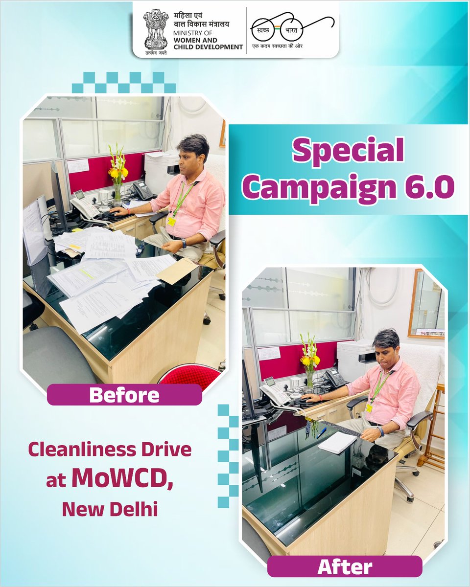 MinistryWCD's tweet photo. अभिलेख व्यवस्थित, कार्यस्थल साफ-सुथरा,
स्वच्छता के संकल्प से बदल रहा नजारा
#SpecialCampaign6 
@Annapurna4BJP @savitrii4bjp @DARPG_GoI  @PIBWCD https://t.co/hcqjOejD2E
