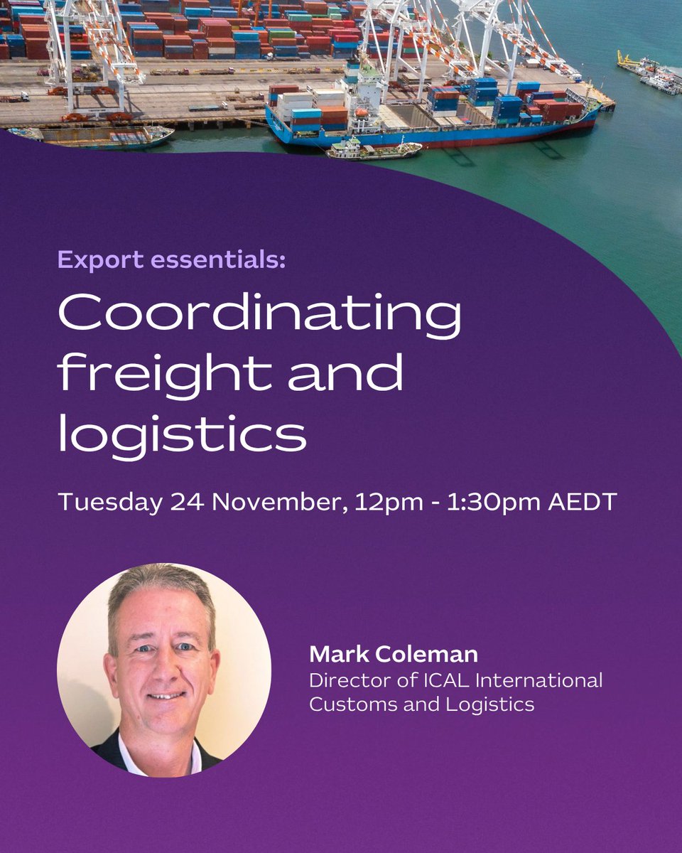 Austrade's tweet photo. Want to grow your exports with confidence?
Join us for our next three export essentials webinars for insights on pricing, cash flow and logistics to drive export growth.
🔗 Register now: https://t.co/vDCPfZfSZJ
💡 Individual registration required for each webinar
#GGT https://t.co/D2B45VWYgc