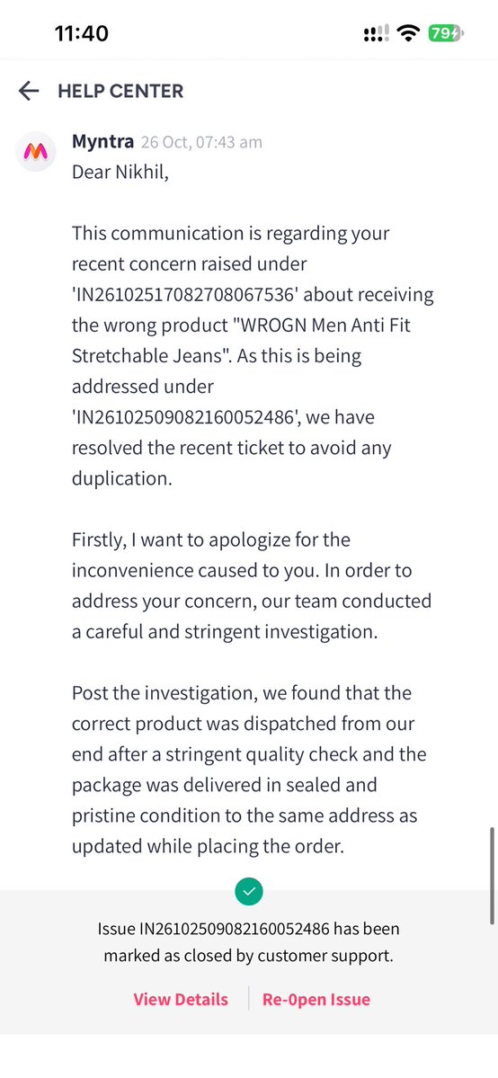 Nikhil2007267's tweet photo. Shocking service @myntra @MyntraSupport 
Received wrong item (Order #134420487459399175701). Despite emailing clear unboxing video proof, return was rejected repeatedly. Pick up the item &amp; refund my money immediately, or I will file an NCH complaint. https://t.co/hQ320IhhNF