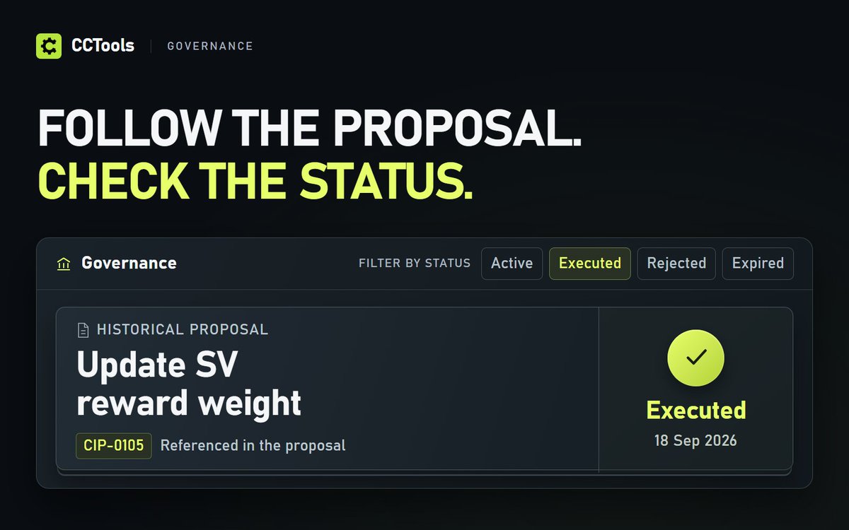 cantontools's tweet photo. A proposal title tells you what is being discussed. It’s status tells you where it stands.

On CCTools, you can filter Canton governance proposals by Active, Executed, Rejected or Expired, then open the proposal for the full context. Search helps you find the item; the status helps you avoid treating an open vote as an executed change.

The proposal state is kept visible because approved documentation, an ongoing vote and an executed network action are not interchangeable.

Follow governance with context: https://t.co/3Z7Iyz0kUM