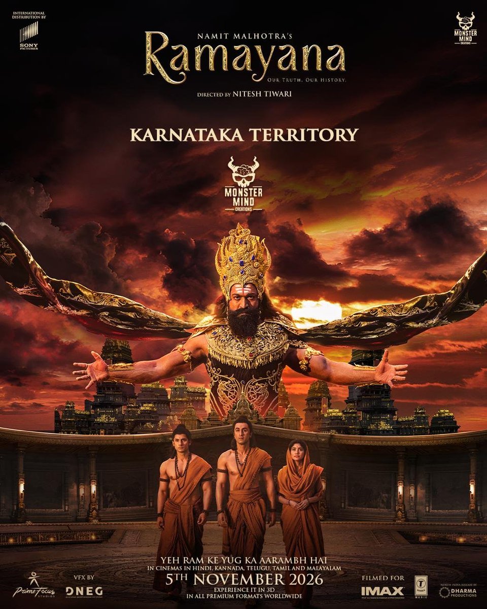 SacnilkEntmt's tweet photo. Yash's Monster Mind Creations forays into distribution to release Ramayana in Karnataka 💥

#Ramayana #RanbirKapoor #Yash #SaiPallavi #SunnyDeol #RamayanaMovie #RamayanaOnNov5th #RamayanaRiseOfALegend #NiteshTiwari #RaviDubey #Sacnilk #NamitMalhotra https://t.co/QzmVcURT67