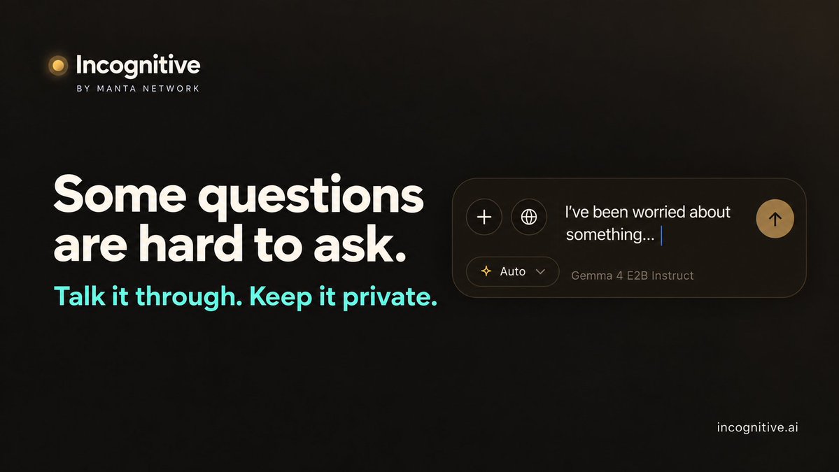 MantaNetwork's tweet photo. You might be ready to ask AI a personal question. That doesn’t mean you want it stored on someone else’s server.

We asked our community what they’d discuss privately with AI. Relationships and career doubts are almost tied so far. Both are personal topics you might not be ready to share with anyone else.

Incognitive handles the conversation on your phone, keeping your chat history there too, without creating a copy in the cloud.
Getting help with a private question shouldn’t mean giving up your privacy. 

Download Incognitive on the App Store⁠￼: https://t.co/4kyJ3P4tWC

https://t.co/yVRUQOrc4q