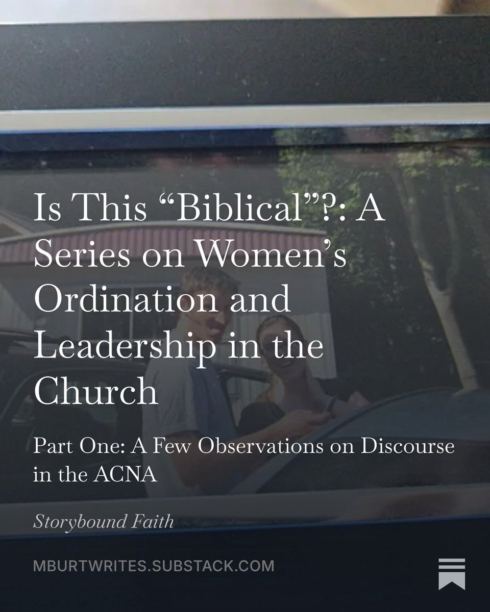MBurtwrites's tweet photo. To assume that ppl like me support women’s ordination b/c “wokeness” is a fundamental misunderstanding of the pietistic eva corner of the ACNA.

So I decided to write a series on why WO is biblical. It’s a bit ACNA, a bit ordination, a bit women’s leadership, &amp; a lot of Bible. https://t.co/rJ1vRcfqiV