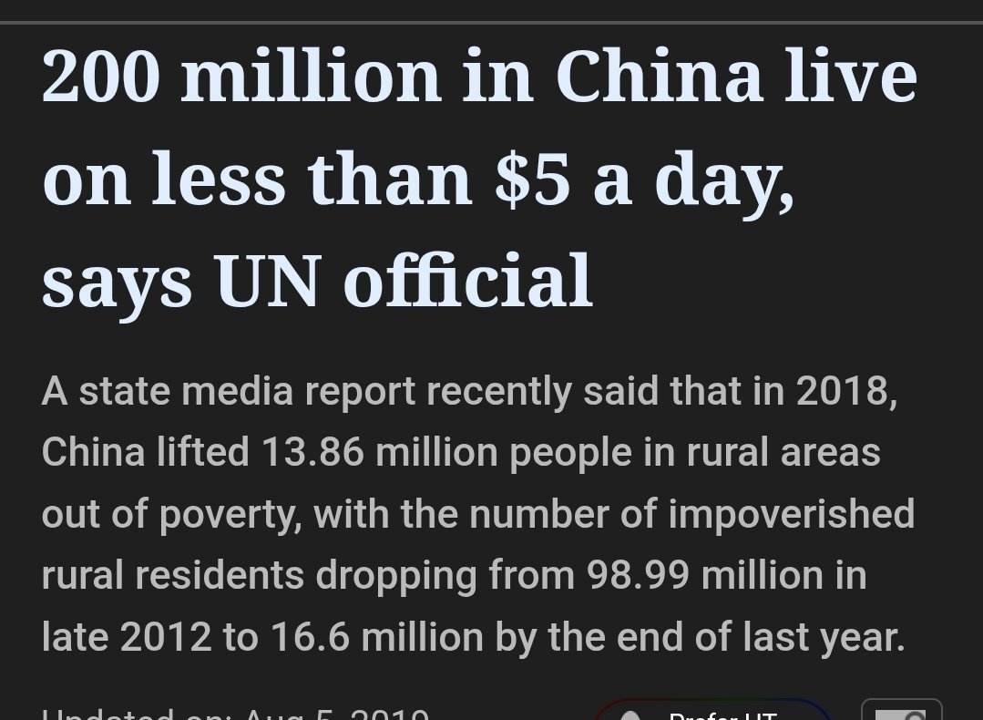RyLiberty's tweet photo. They will say bullshit like we lifted 800m out of extreme poverty which chinaphiles then misquoted as lifting 800 million out of poverty.

Chinese standard for that is only $2.30 cents a day. It disappears if you even raise thst past $3 . No that's still not a lot of money over there either.

They show you pictures of Shanghai and act like thats the standard, it isn't. Its one of the 4 cities in cooperstive economic zones that was allowed capitalism.