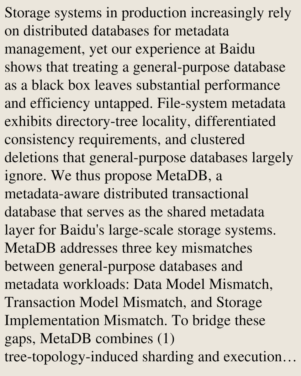 UFCS's tweet photo. MetaDB: Putting File-System Structure Back into Distributed Databases

Zebin Ren, Biao Cao, Kang Chen, Zhihui Yin, Qiushi Chen, Jielong Jian, Jiwei Xiong, Xinxing Wang, Yan Xing, Liguo Duan, Ran Zheng, …
https://t.co/1PDfCSodFg [𝚌𝚜.𝙳𝙱 𝚌𝚜.𝙳𝙲]
💬Accepted by NSDI'27 https://t.co/Nh790qPkCV
