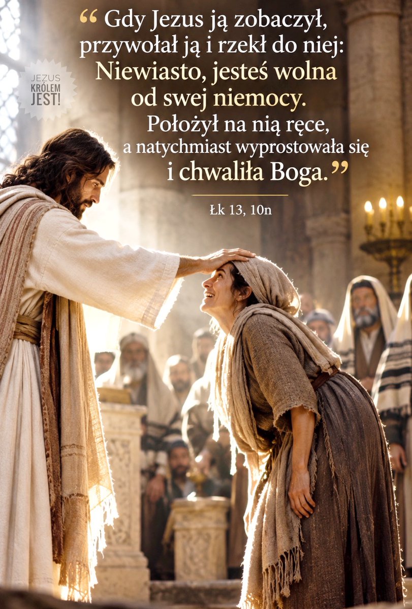MarekJanPytko's tweet photo. "Jezus nauczał w szabat w jednej z synagog. A była tam kobieta, która od osiemnastu lat miała ducha niemocy: była pochylona i w żaden sposób nie mogła się wyprostować. Gdy Jezus ją zobaczył, przywołał ją i rzekł do niej: «Niewiasto, jesteś wolna od swej niemocy. Położył na nią ręce, a natychmiast wyprostowała się i chwaliła Boga."
Łk 13, 10n