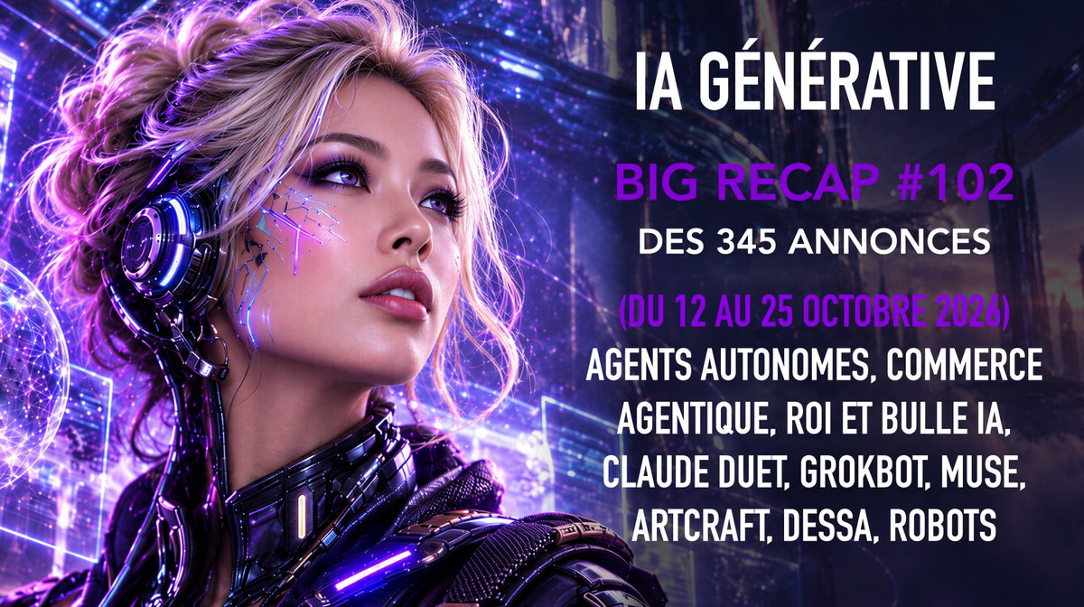 emmanuelvivier's tweet photo. IA Générative : Le #BIGRecap #102 des 345 news du 11 au 25 oct 2026 : Claude Duet, Grokbot, OpenAI vs Anthropic, Gemini, Muse, agents IA, robots...

https://t.co/g1kTJuroAu

#1. ⤴️ 30 mois sur l’exponentielle : Ethan Mollick en graphiques : La durée des tâches qu’une IA réussit est passée de 4 minutes de travail humain en 2024 à 17 heures en avril 2026.

#2. 🔖 OpenAI consentirait jusqu’à 90 % de remise pour détourner les plus gros clients d’Anthropic  

#3. 🧾 La « taxe de vérification » grignote les gains de productivité promis par l’IA  

#22. 🧮 Accenture plafonne à 29 $ par mois et par salarié l’usage de Claude qu’elle finance 

#47. 🧺 Google déploie aux États-Unis Universal Cart, un panier multimarchand intégré à Search et à l’app Gemini 

#56. 🏬 Walmart ouvre une passerelle MCP aux agents IA d’achat, à rebours d’Amazon qui les bloque 

#63. 🪪 Microsoft dote les agents de Copilot Studio de leurs propres comptes et d’une mémoire des processus métier : 

#74. 🔛 Salesforce active Agentforce par défaut chez ses clients éligibles et va supprimer l’interrupteur d’activation 

#304. 🧑‍🎓 En France, les embauches de jeunes en CDI reculent de 28 % dans les métiers exposés à l’IA

#339. 🛳️ Contrôle à l’export de l’IA : ce que la menace du Pentagone fait peser sur les clients européens

🔥🔥🔥 Plus que quelques places pour nos 2 jours de workshop sur les agents IA  : https://t.co/KJF8NYVtaF