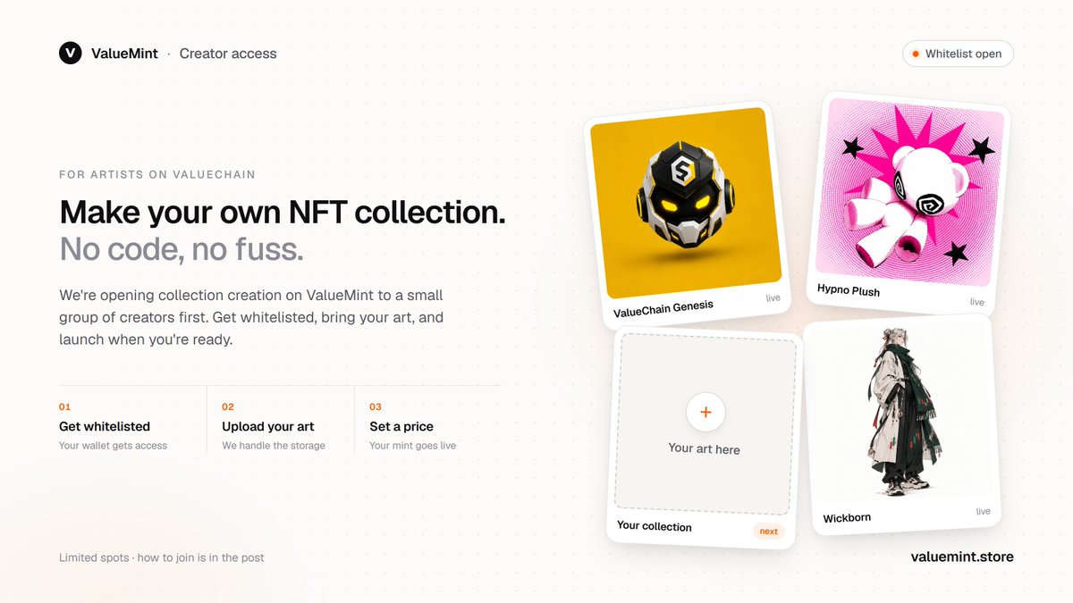 valuemintNFT's tweet photo. Opening up creation on ValueMint 🎨

We’re letting a small group of artists launch their own NFT collections on ValueChain first. No code, no fuss.

Want in? DM us your wallet address and we’ll add you to the whitelist.

Spots are limited. https://t.co/GEUCo6Rgl3