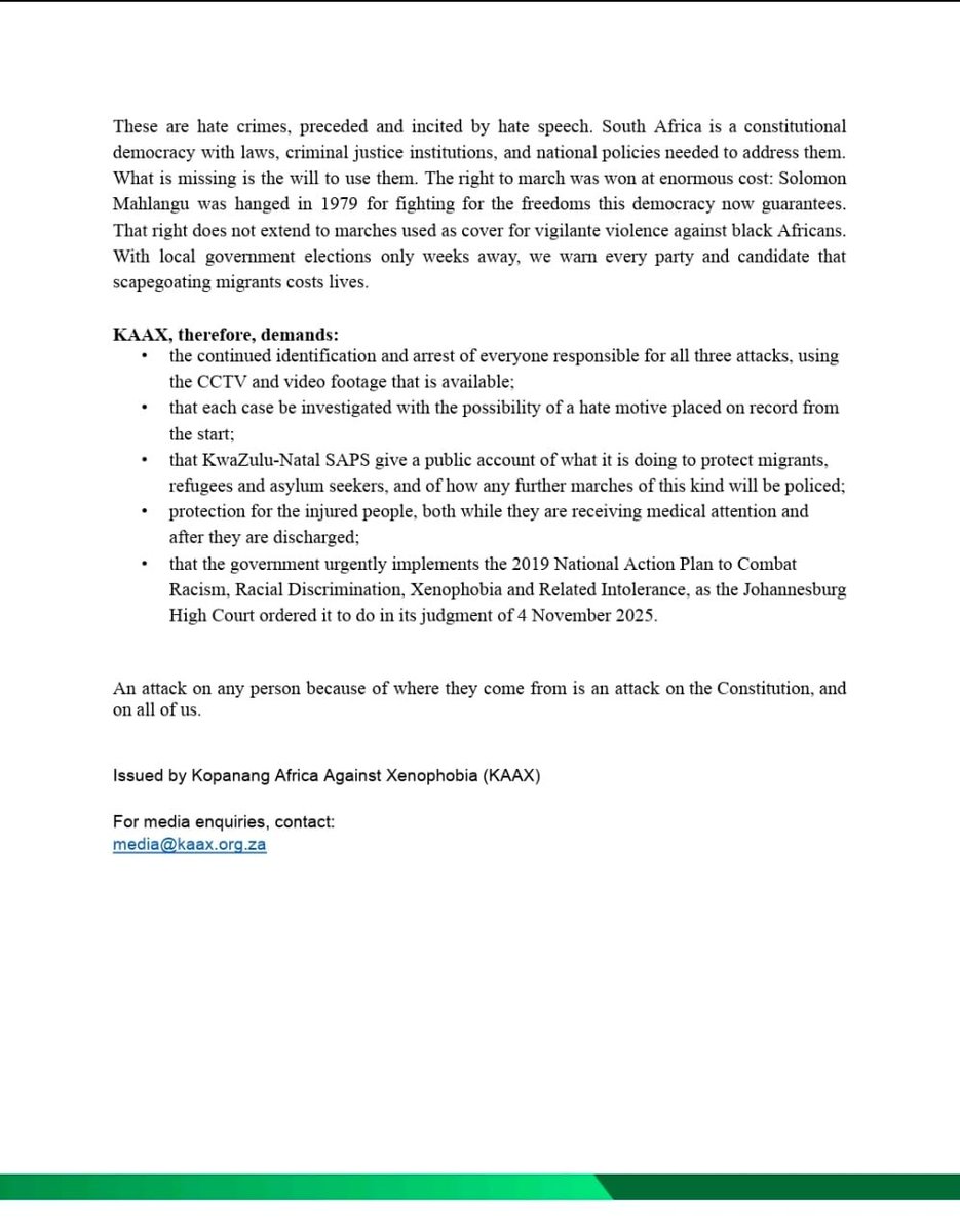 KopanangAfrica's tweet photo. FOR IMMEDIATE RELEASE❗️❗️❗️
KAAX STATEMENT: Three attacks, one death, no arrests: mob violence against African migrants in Durban

#KAAX 
#StopXenophobia

https://t.co/J1Ql0wL8sS https://t.co/mAmVxEnpSY