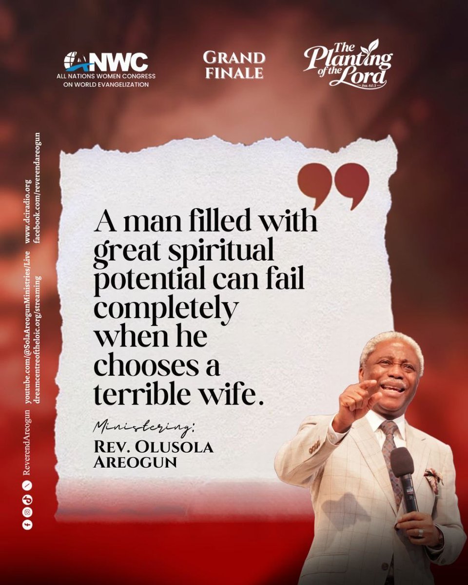 ReverendAreogun's tweet photo. WHO YOU MARRY CAN AFFECT HOW FAR YOU GO WITH GOD.

“A man filled with great spiritual potential can fail completely when he chooses a terrible wife.”

Marriage is not merely companionship.

It is covenant.

It is alignment.

It is destiny partnership.

A wrong marriage can introduce distraction, conflict, spiritual resistance, emotional instability, and decisions that slowly weaken a calling.

A right marriage can strengthen obedience, preserve focus, multiply effectiveness, and provide the support needed to fulfil divine purpose.

The Bible says:

“Can two walk together, except they be agreed?” — Amos 3:3 KJV

This is why marriage must never be entered casually.

Do not choose only by beauty.

Do not choose only by emotion.

Do not choose only by chemistry.

Do not choose only by pressure.

Ask deeper questions.

Does this person love God?

Do they honour divine purpose?

Can we walk in spiritual agreement?

Will this relationship strengthen or weaken obedience?

Can we build a home where God is truly first?

Marriage can either become a platform for destiny or a battlefield against it.

So pray carefully.

Discern accurately.

Receive counsel.

And never allow impatience to make a lifelong decision for you.

DECLARE IT: I WILL NOT MAKE A DESTINY-ALTERING DECISION OUTSIDE THE WILL OF GOD. I WILL CHOOSE RELATIONSHIPS THAT STRENGTHEN MY WALK WITH GOD, SUPPORT MY ASSIGNMENT, AND HELP ME FULFIL DIVINE PURPOSE.

If you receive this, declare:

MY MARRIAGE WILL AGREE WITH GOD’S PURPOSE FOR MY LIFE.

#ReverendAreogun #TheDreamCentre #ANWC2026 #MarriageAndDestiny #GodlyMarriage #DivinePurpose #Amos33 #KingdomMarriage #SpiritualAlignment #ChooseWisely