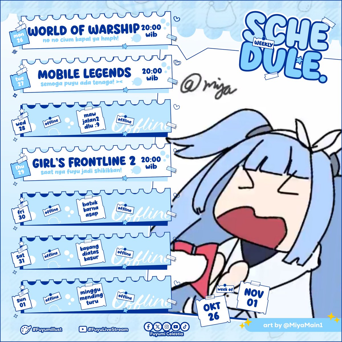 FuyumiCelestia's tweet photo. 【Fuyumi Schedule】݁ ˖Ი𐑼⋆

Seperti biasa Fuyu telat post schedule hehe~ („• ֊ •„)
Fuyu hari Senin ini mau coba stream yaaa, semoga masih ada tenaga buat stream! (˶˃ ᵕ ˂˶) .ᐟ.ᐟ

Oiya, gimana kabar kalian wahai Buntalkers tercinta??
Fuyu masih dikasih kesehatan ehe ~ („• ֊ •„)੭

🎨Design schedule by @KujiraSeikai
📷Art by @MiyaMain1