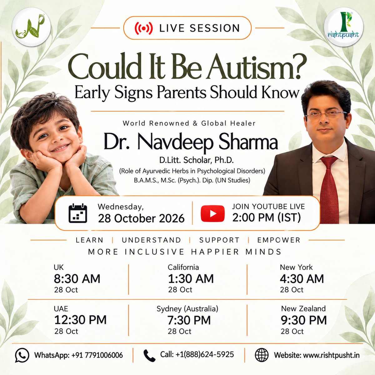 ndayurveda's tweet photo. Could It Be Autism? Early Signs Parents Should Know 🌿
Join Dr. Navdeep Sharma LIVE to understand early signs of autism and when to seek a professional assessment.
📅 28 Oct | 2 PM IST
🔴 Watch here: https://t.co/oSH8TVdMAL
#AutismAwareness #ChildDevelopment #DrNavdeepSharma https://t.co/2g4hjV0xyC