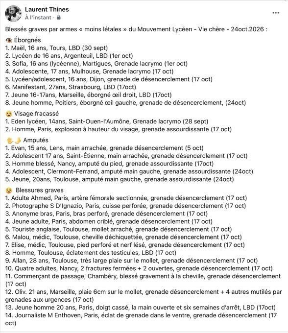 raphpradeau's tweet photo. 8 eborgnés
2 visages fracassés 
5 amputés 
14 autres blessures graves 

Voici l'effroyable bilan de la répression contre les manifestant·es entre le début du mouvement lycéen et le 24 octobre.

Il faut interdire les armes mutilantes, signez la pétition 👇
https://t.co/c8Faqsl6HY https://t.co/cZQvXZWDJN