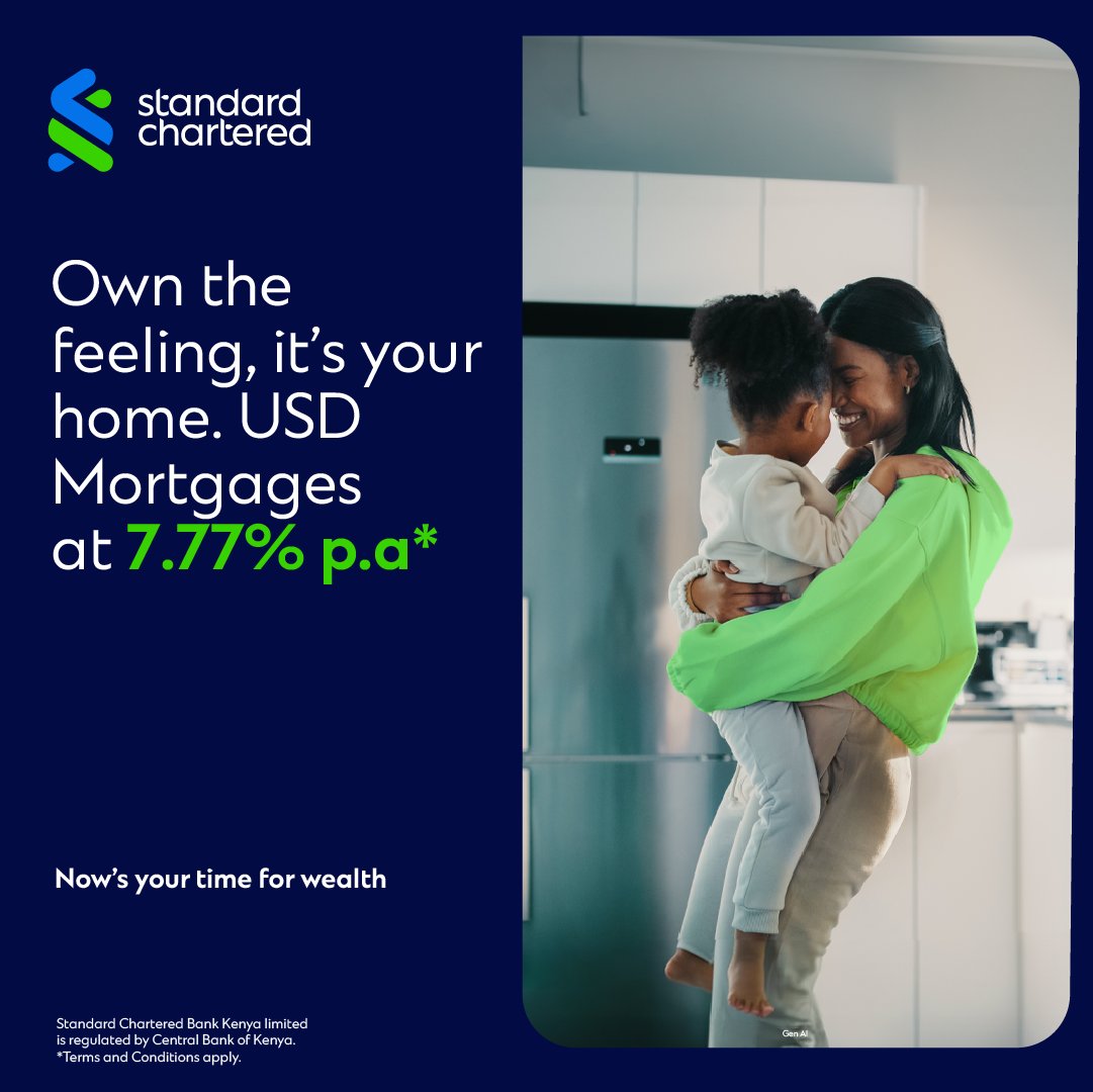 StanChartKE's tweet photo. Designed to support your property ambitions, our USD Mortgage offers a competitive rate of 7.77% p.a., financing of up to KES 100 million and a repayment period of up to 15 years.

Email wealth.kenya@sc.com  to join Standard Chartered.