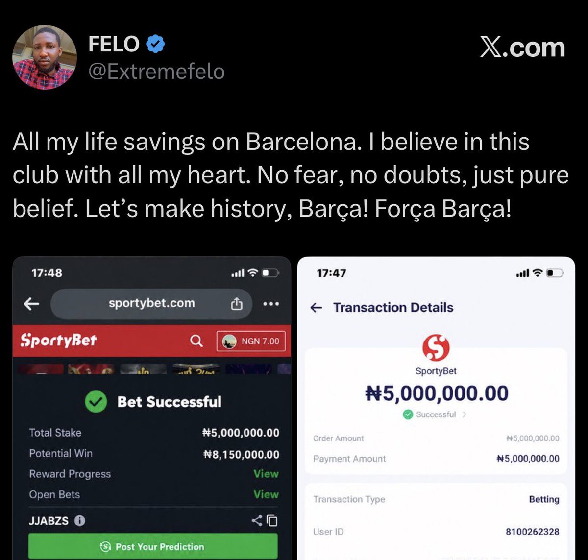 ClearestAngle's tweet photo. @Extremefelo @FCBarcelona @Adikastakes @ultimate_kombo @john322226 @chriscxss @abazwhyllzz @TheDamiForeign @Zlatan_Ibile @wizkidayo @deefuser Which one make we believe ? 
Una just dey ragebait us for engagement … 
Life savings or not your money ? https://t.co/7EdDMibIbc