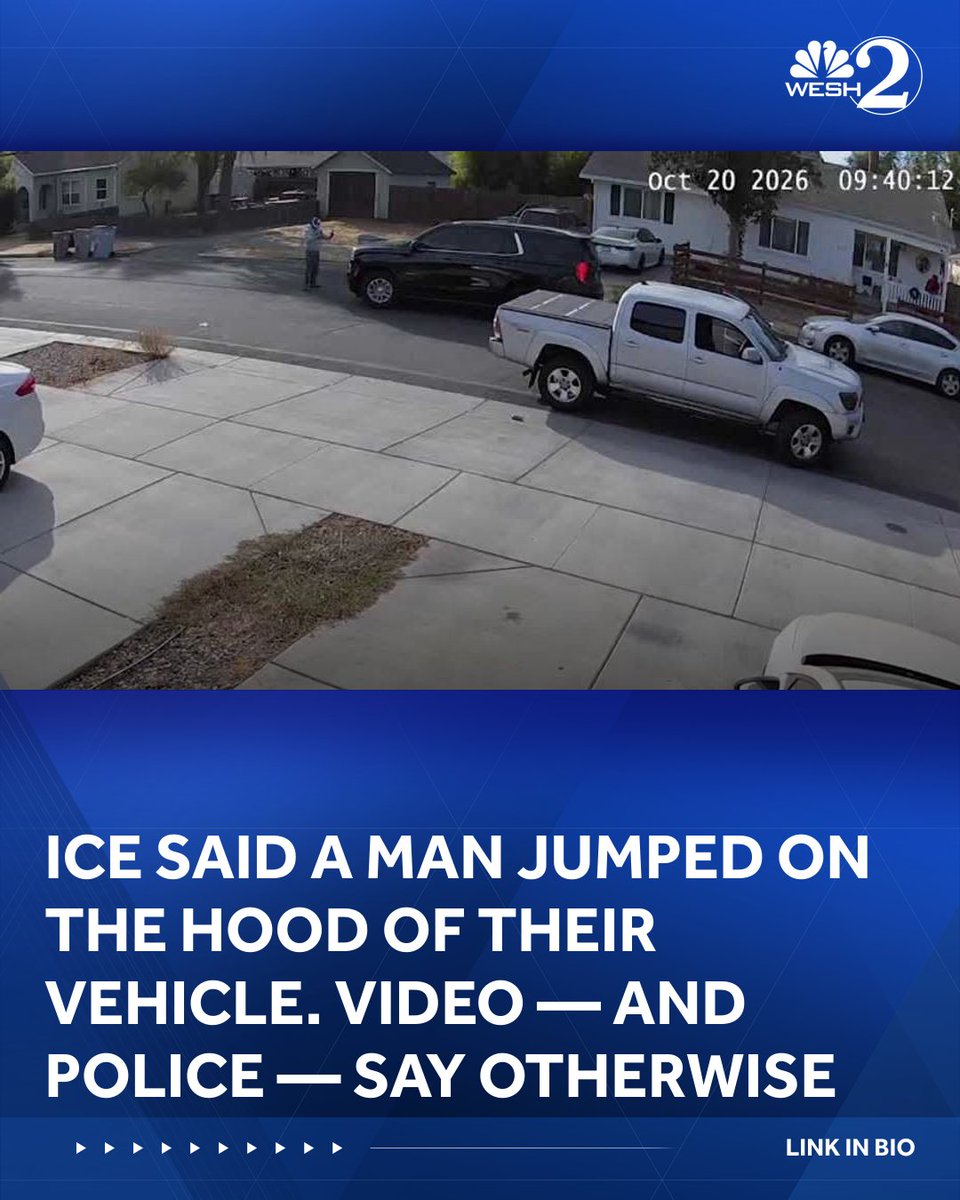 WESH's tweet photo. ICE said a man jumped on the hood of their vehicle. Video — and police — say otherwise | LINK IN BIO https://t.co/TKP1Rh6Hxv