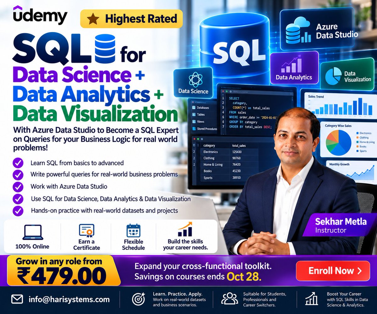 metlasudha's tweet photo. SQL for Data Science + Data Analytics + Data Visualization
https://t.co/sohBwbxQSW
#datascience #data #dataengineer #development #analyst #visualization #LearnAI #love #technology #sekharmetla #upgrade #Upskilling #viral #trending https://t.co/ZcZTwav9By