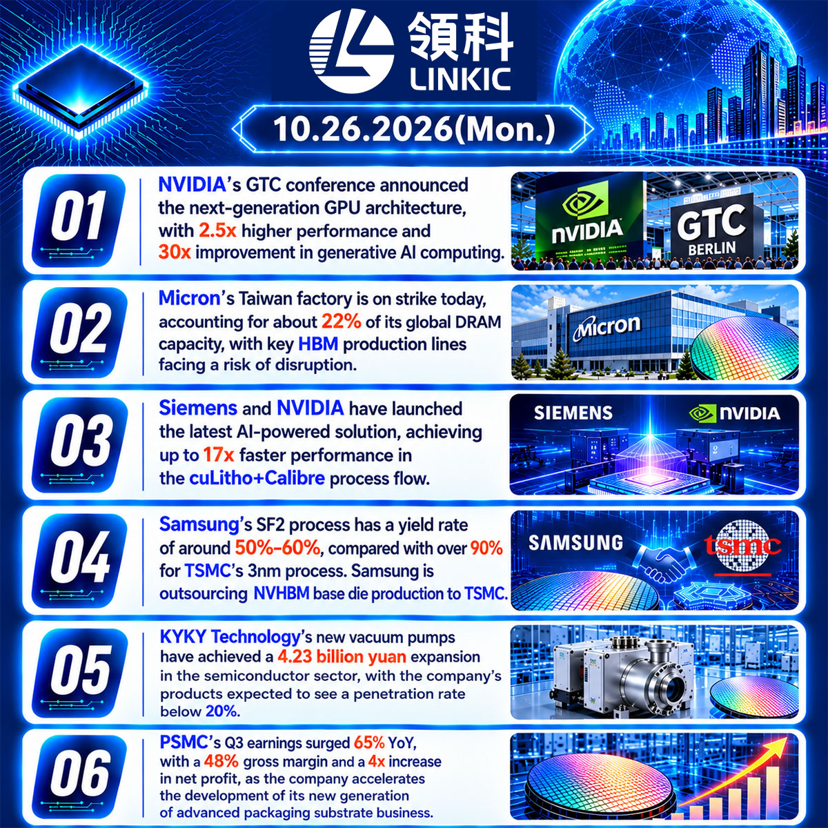 EricLinkic8587's tweet photo. 🔥 Electronic Components Daily News | Monday, October 26, 2026
1. NVIDIA GTC Berlin: Supply Chain Expansion
2. Micron Taiwan Strike Threatens DRAM Suppl
……
👉https://t.co/diIw4jbsM1

#GlobalTech #Microelectronics #Wafer #Semiconductor #MemoryChips #DRAM #HBM #HPC #NANDFlash https://t.co/2IWDJh6l3I